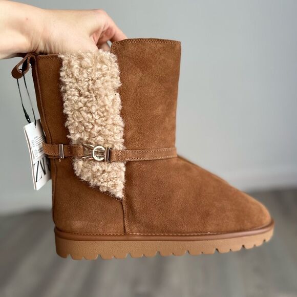 ZARA GENUINE SUEDE FAUX SHEARLING BOOTS - Picture 2 of 7